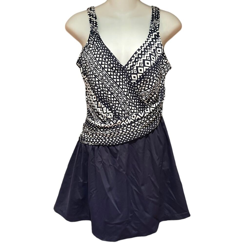 Maxine of Hollywood Womens 14 One Piece Swimsuit Dress Padded Top in Navy Size